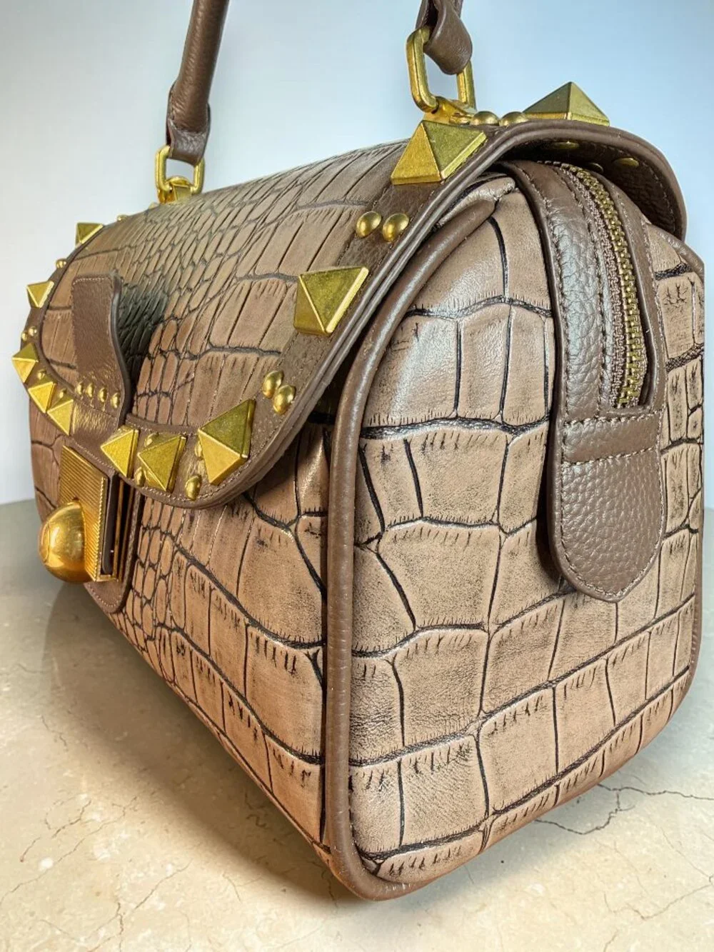 Sharif 1827 Croc-Embossed Leather Studded Top Handle Satchel Sample Bag - New